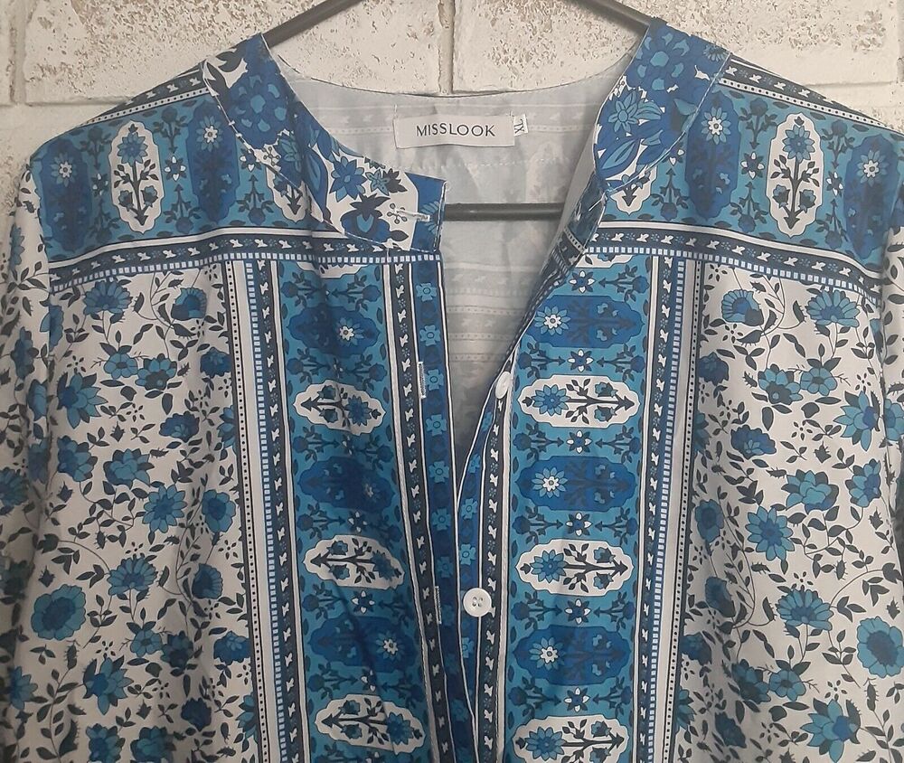 Miss Look sz XL Kaftan Blues & White Silky Tulip Sleeve Lounge Worthy